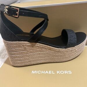 Michael Kors Black and Tan Wedge Sandals